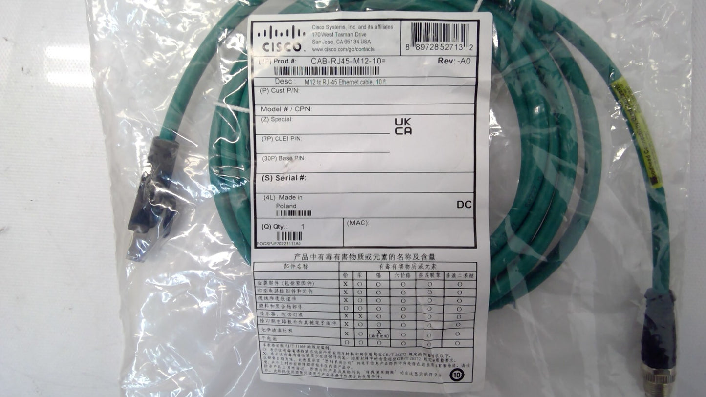 Cisco CAB-RJ45-M12-10 Ethernet Cable 10Ft