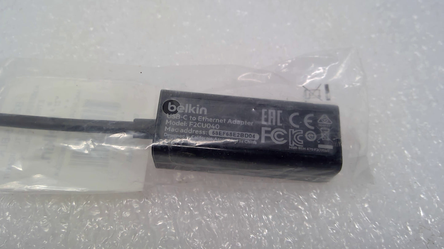 OPEN BOX Belkin F2CU040 BLK USB-C to Gigabit Ethernet Adapter RJ-45 1000 Mbps