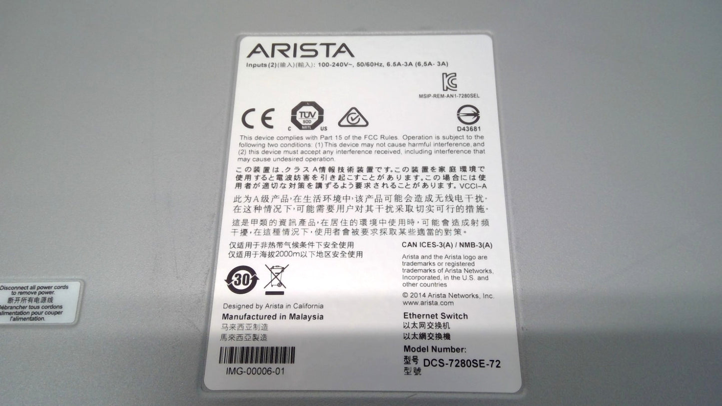 Arista DCS-7280SE-72-R 48 x 1/10GB SFP 2 x 100GB MXP Port Ethernet Switch