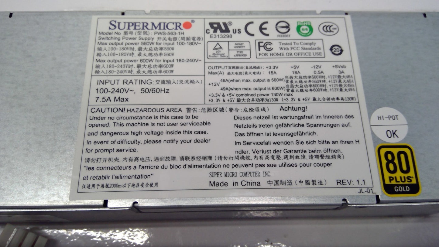 Supermicro PWS-563-1H 560W 1U Server Power Supply 80 PLUS Gold