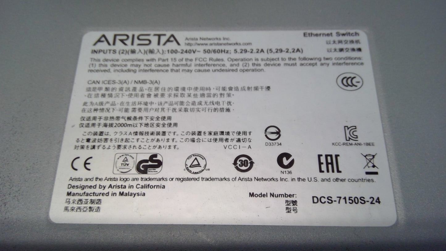 Arista 7150 series DCS-7150S-24 24x 1/10Gb -Port SFP+ Ethernet Switch
