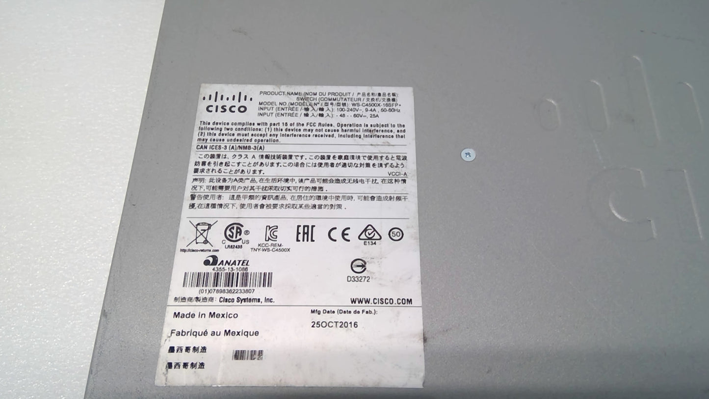 Cisco WS-C4500X-16SFP+ 16 Port Gigabit Ethernet Swith Dual PSU *Read*