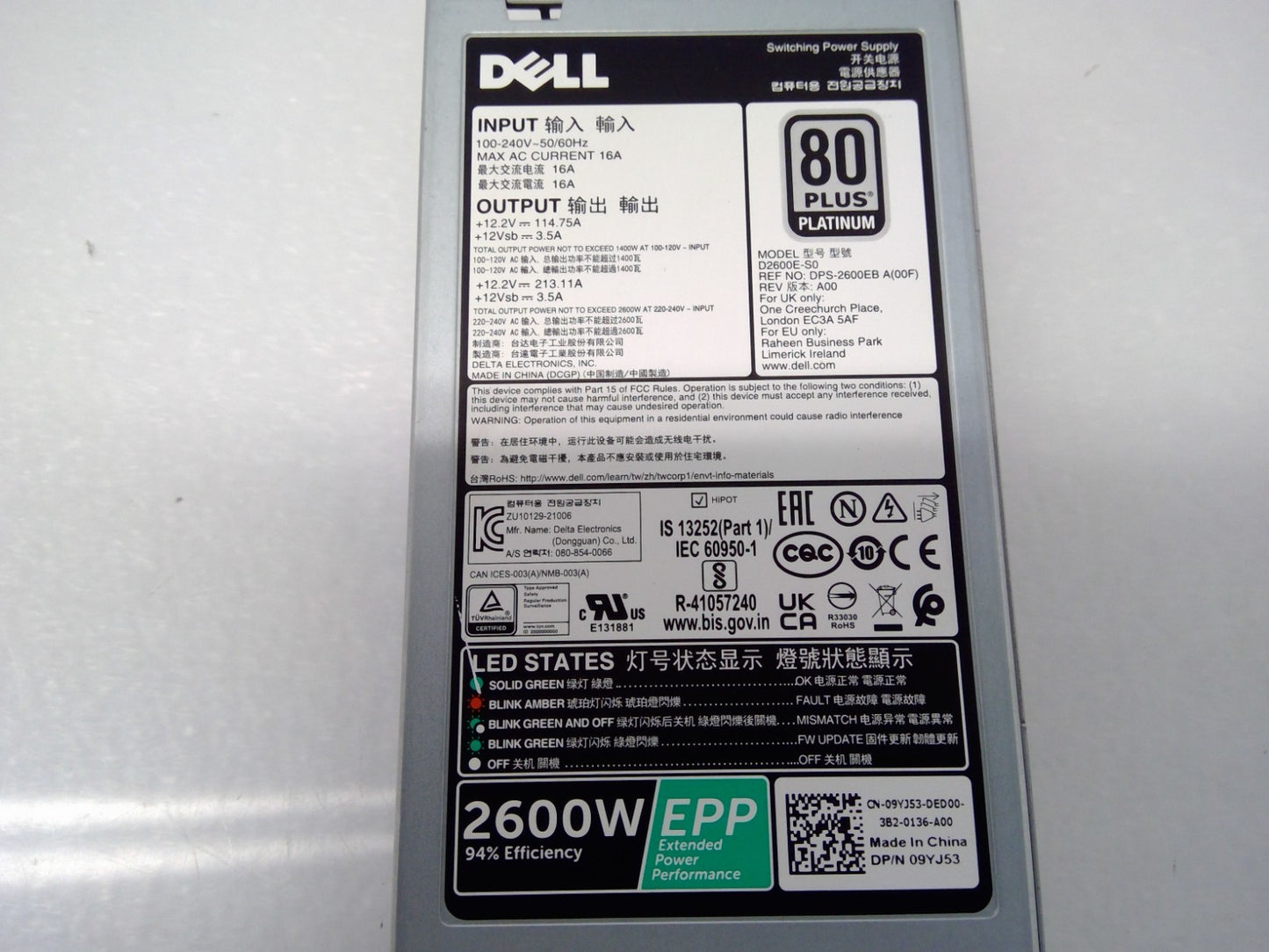 DELL D2600E-S0 9YJ53 2600W 80+ Platinum Switching Power Supply