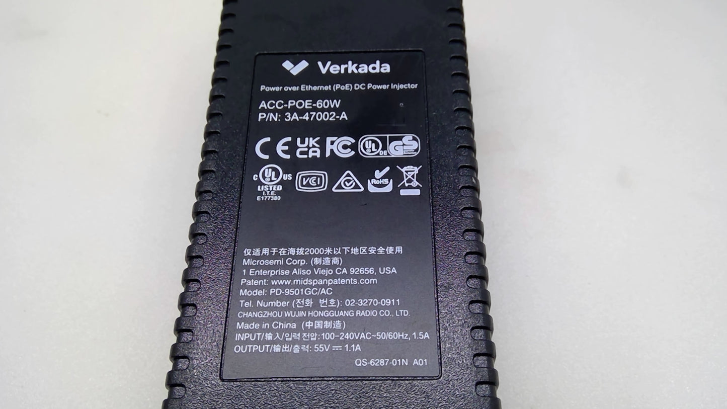 OEM Verkada ACC-POE-60W 60W PoE++ Gigabit Injector 3A-47002-A 55V