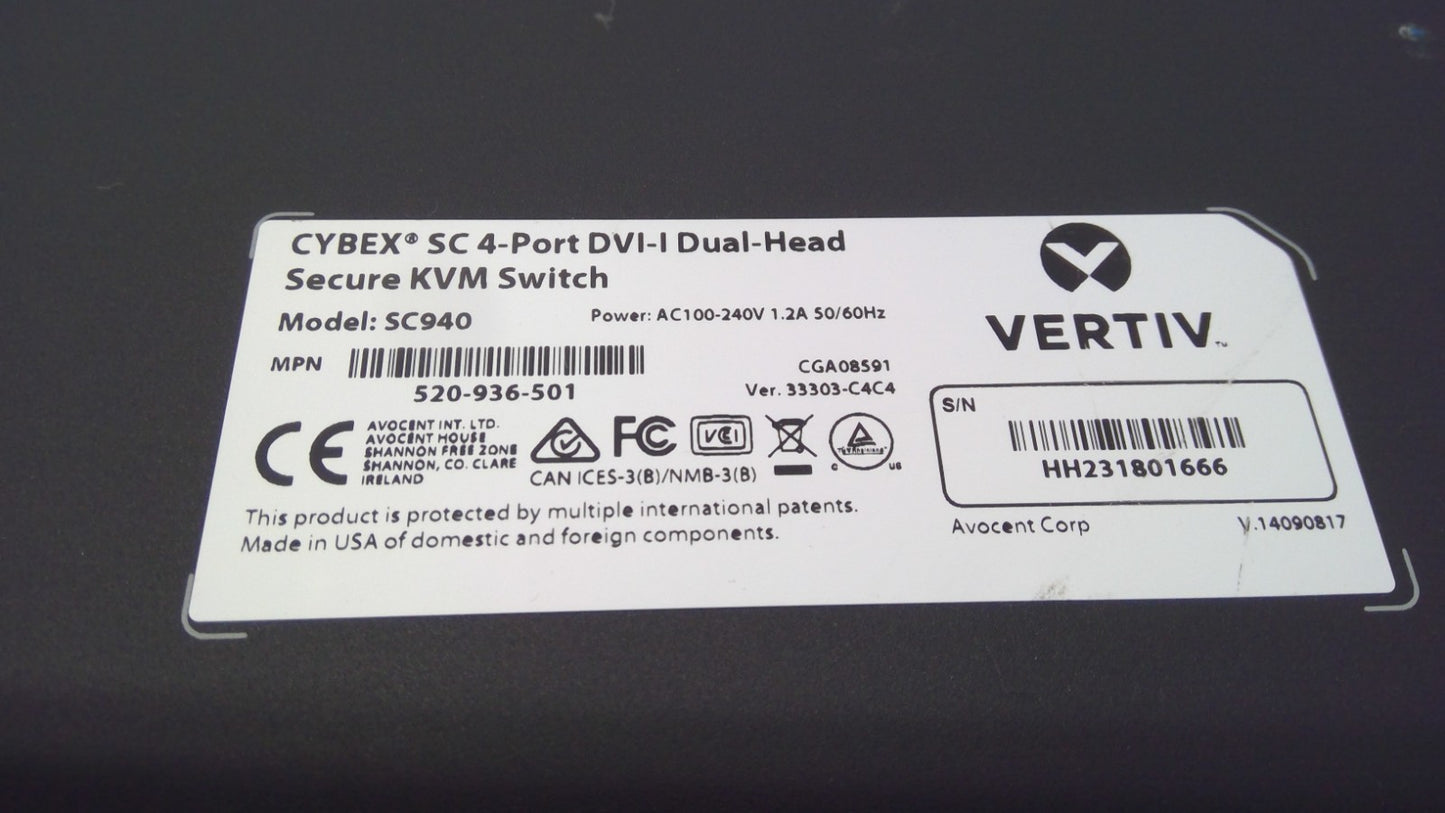 Vertiv SC940 Cybex SC 4-Port DVI-I Dual-Head Secure KVM Switch W/ Power Cord