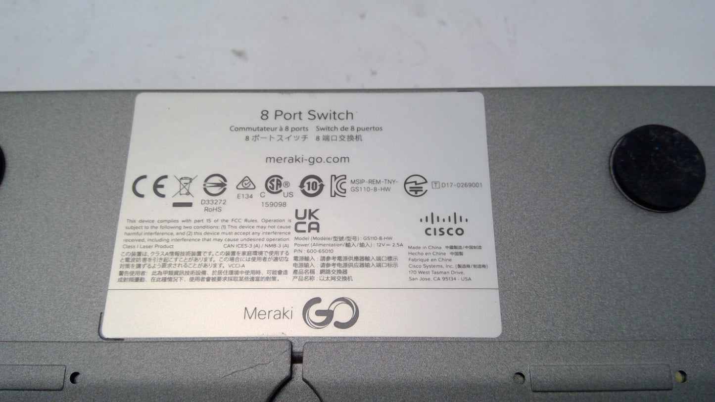 Cisco GS110-8-HW Meraki Go 8-Port Network Switch CG01C44 600-65010