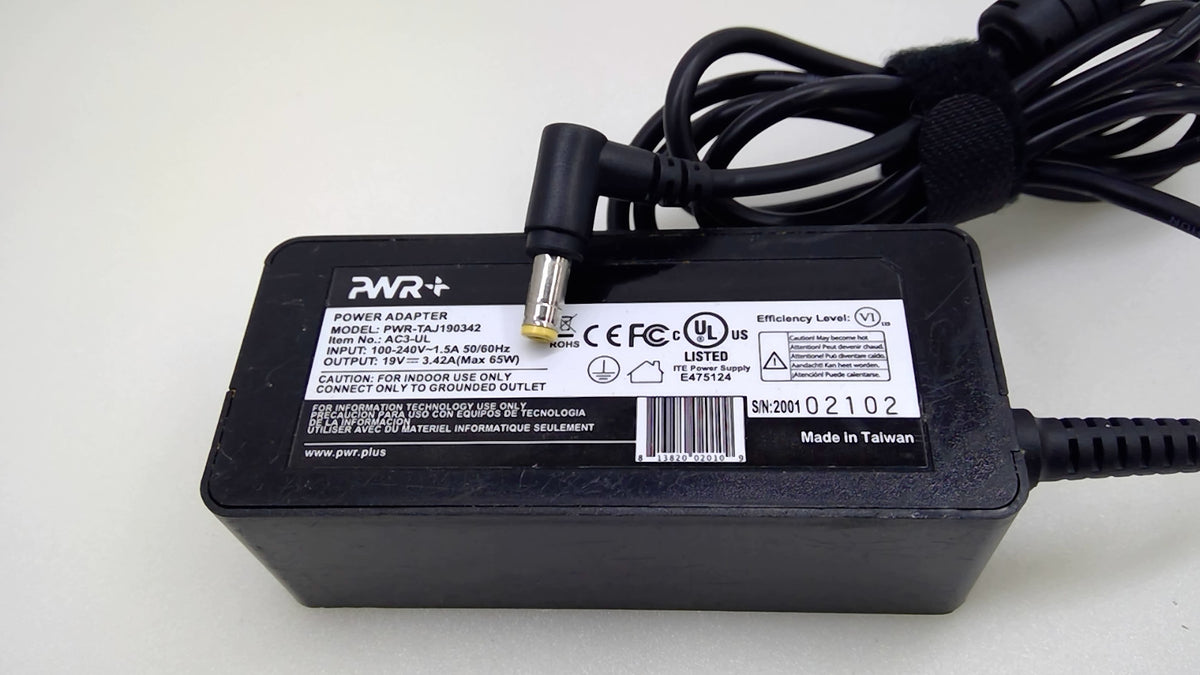 PWR+ 65W AC Adapter PWR-TAJ190342 19V 3.42A 5.5x2.5mm Yellow Tip