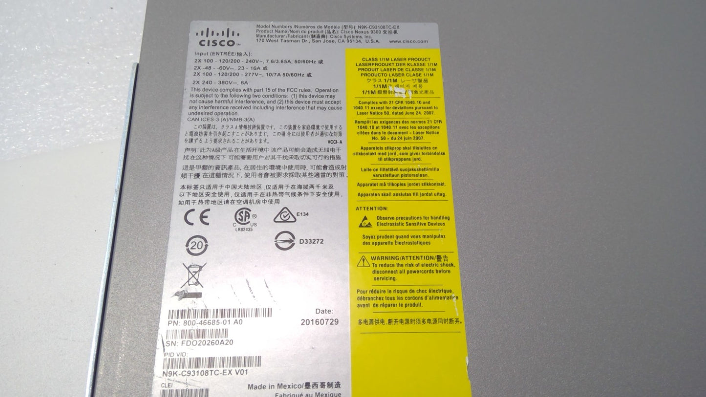 Cisco Nexus N9K-C93108TC-EX 48-Port 10GBASE-T Port Side Exhaust 6x 100Gbp QSFP28