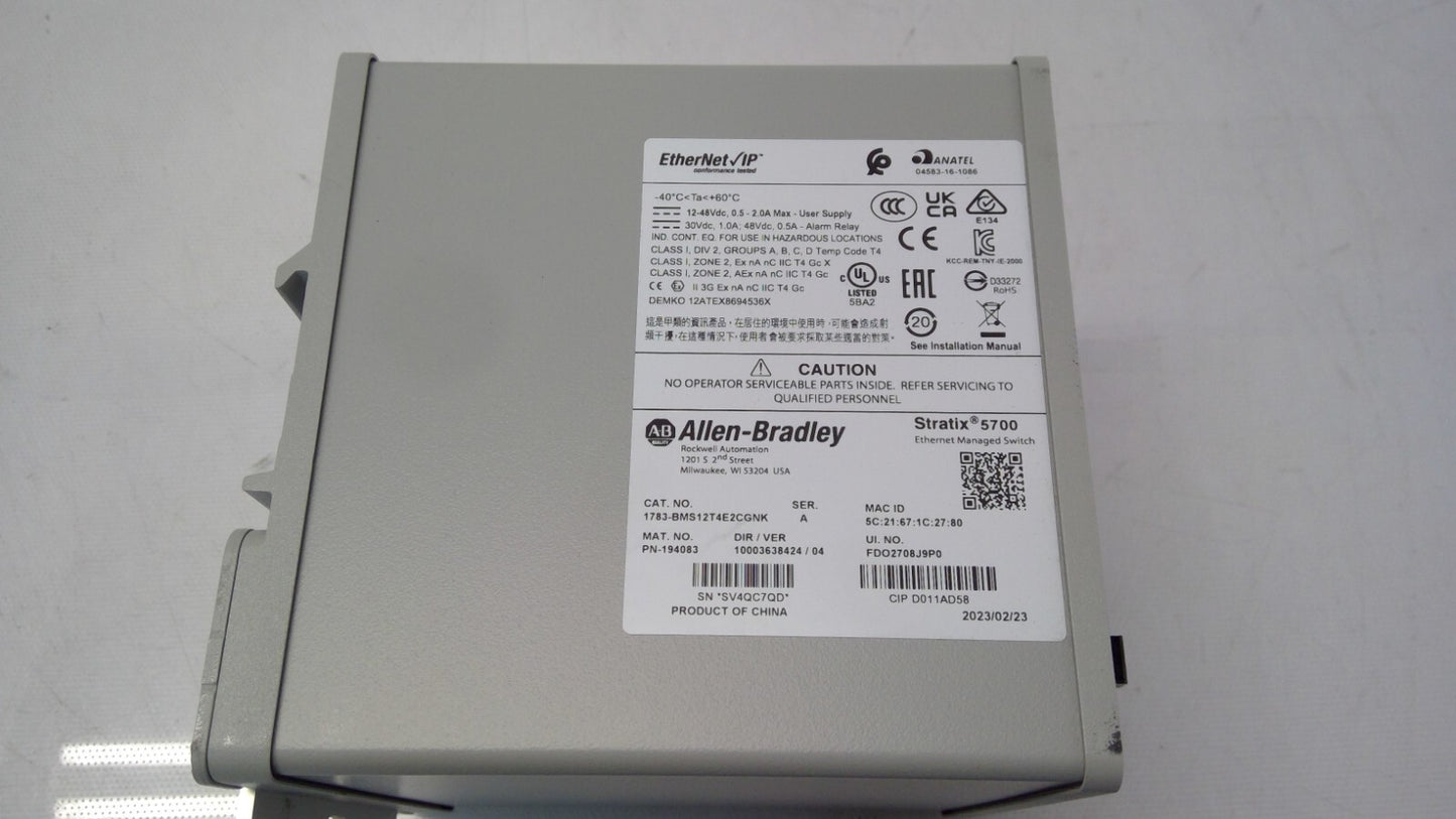 ALLEN BRADLEY 1783-BMS12T4E2CGNK STRATIX 5700 MANAGED ETHERNET SWITCH 18 PORT