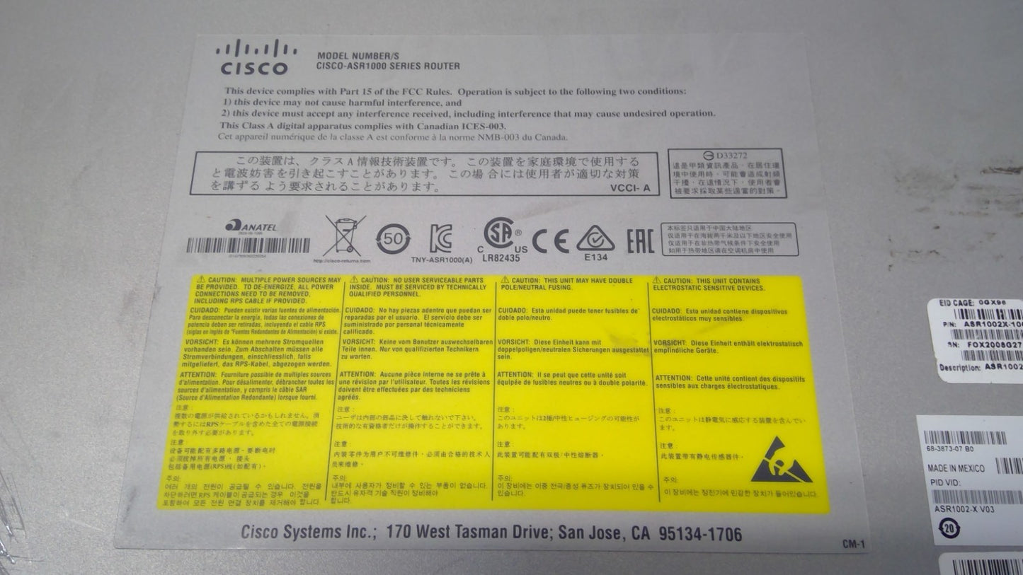 Cisco ASR1000 Aggregation Services Router ASR1002-X W/SPA-2XT3/E3-V2