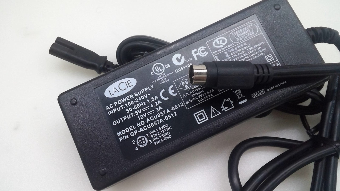 Genuine LACIE ACU057A-0512 4-Pin AC Adapter Power Supply 5V 4.2A 12V 3A w/Cord