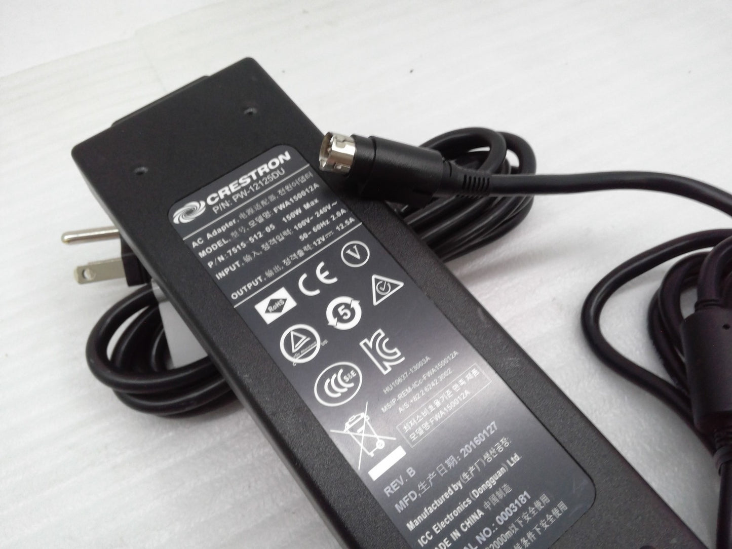 Crestron Ac Adapter 4-Pin Model-FWA150012A Output-12V-12.5A P/N-PW-12125DU