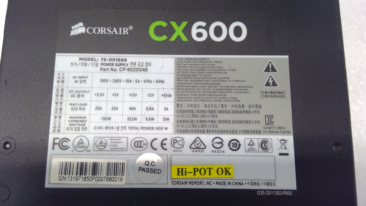 Corsair CX600 600W ATX Power Supply 80+ Bronze 75-001668 CP-9020048