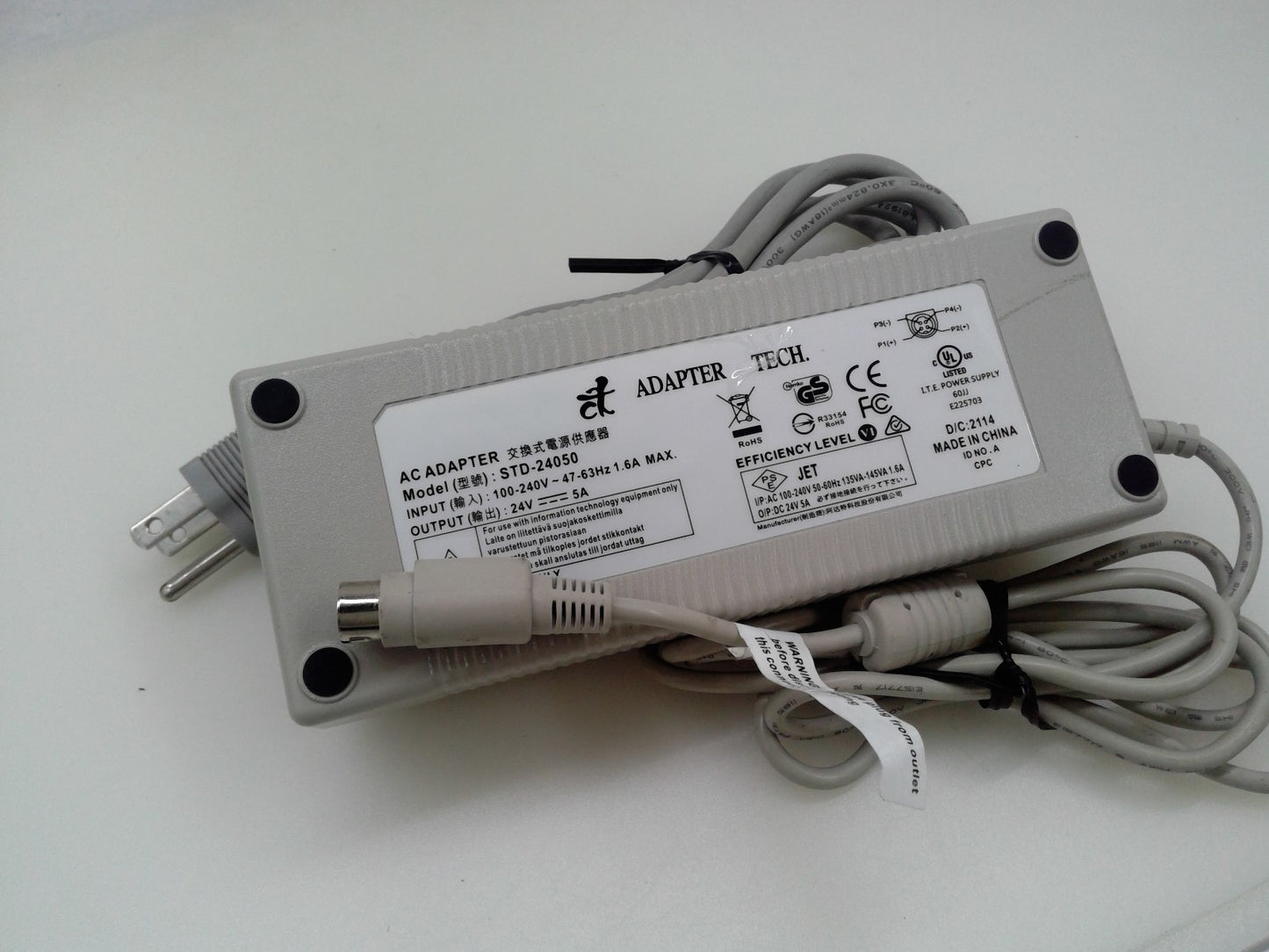 Genuine Adapter Tech STD-24050 AC Adapter 24V 5A Power Supply 4-Pin Connector