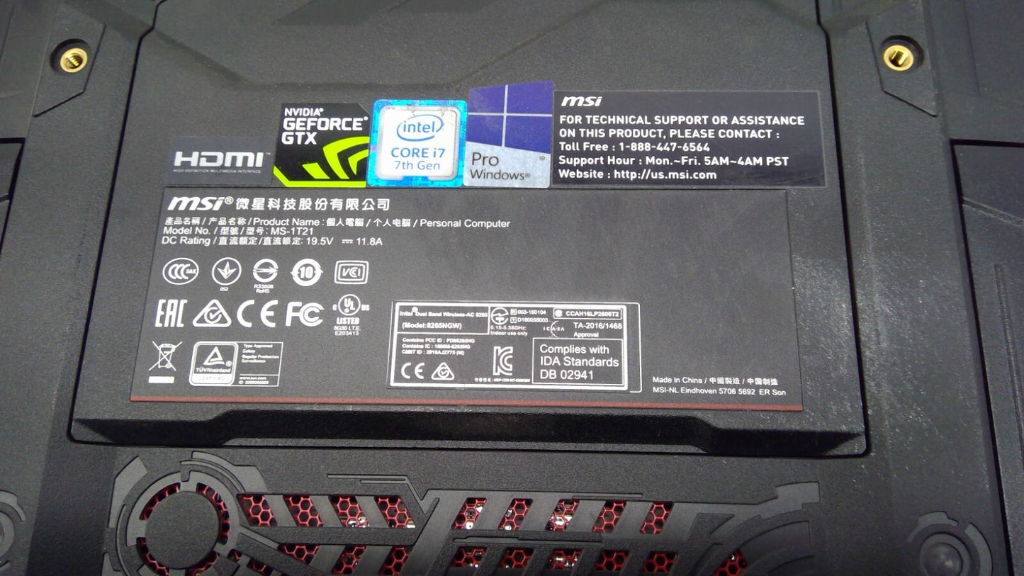 MSI VR ONE 7RE MS-1T21 i7-7820HK@2.9GHz 16GB RAM 256GB SSD GTX1070 Wi-Fi No OS