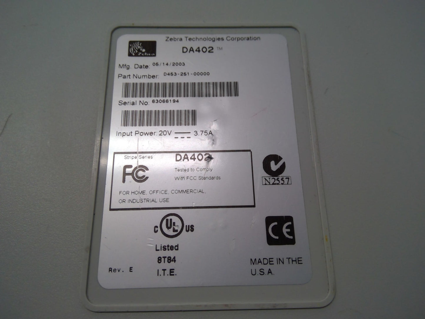 Zebra DA402 Direct Thermal Label Printer Serial Parallel D453-251-00000 *READ*