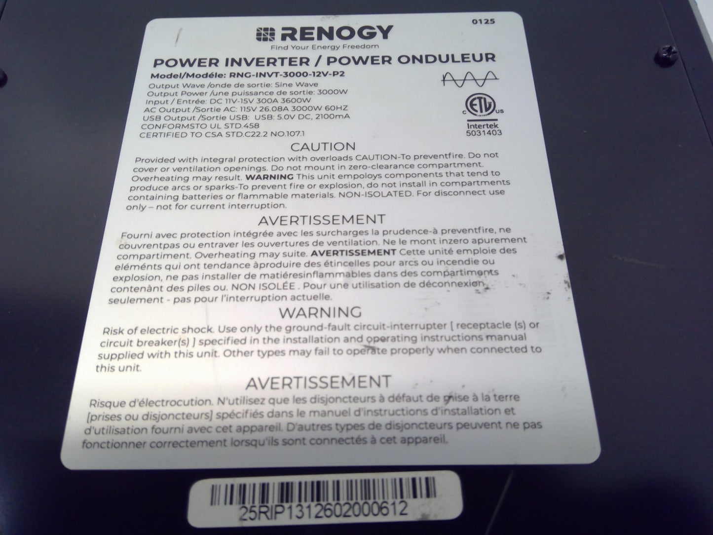 Renogy RNG-INVT-3000-12V-P2 3000W 12V power inverter 12V DC to 110V AC *READ*