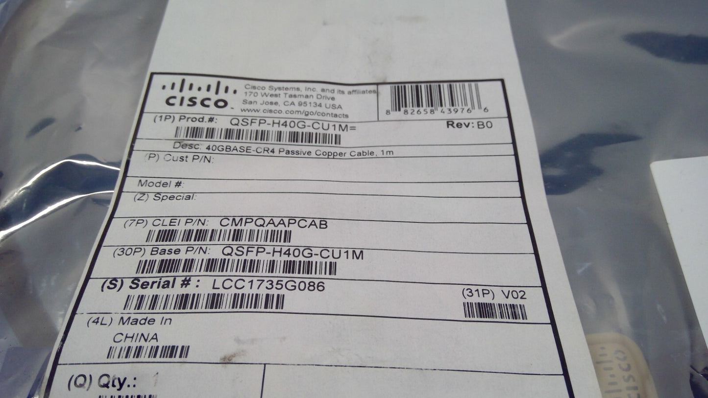 Genuine OEM Cisco QSFP-H40G-CU1M 1M 40 Gbps Transceiver Twinax DAC Cable New