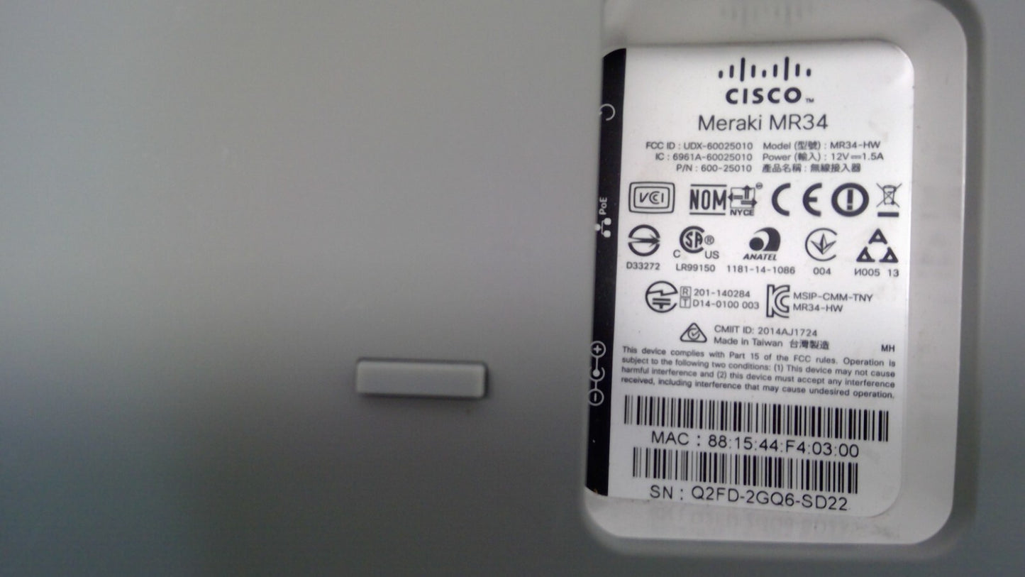 Cisco Meraki MR34-HW Unclaimed Wireless Access Point