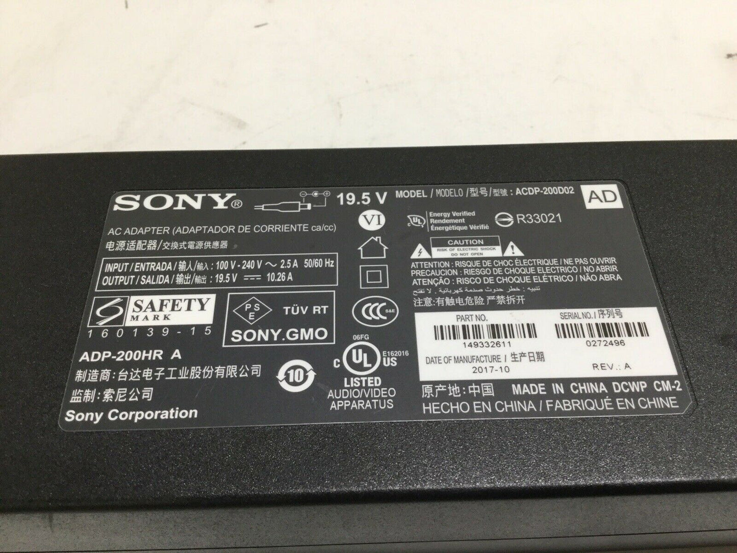 Original Sony TV XBR-55X900E 19.5V 10.26 A AC Adapter (ACDP-200D02) 1-493-326-11