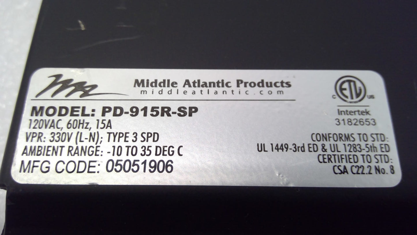 Middle Atlantic Products PD-915R-SP 9-Outlet 120V 15A Rack Mount Power Strip