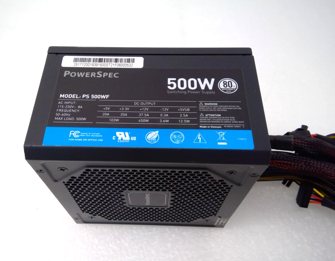 PowerSpec PS500WF 500W ATX 80 Plus Power Supply, 24 Pin, SATA, PCIe, Black