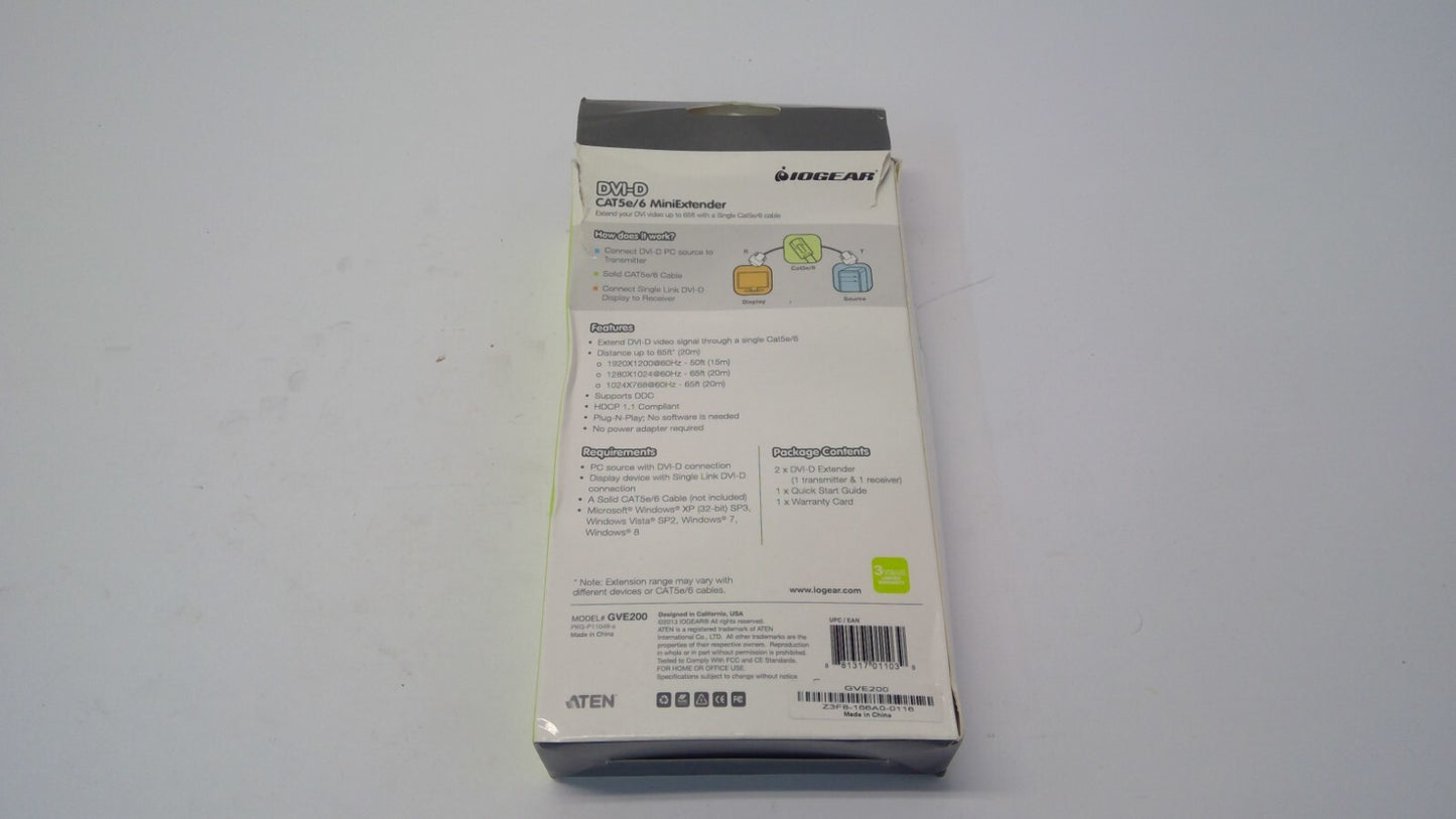 NEW. IOGEAR DVI-D CAT5e/6 MiniExtender GVE200 (1 Transmitter & 1 receiver)