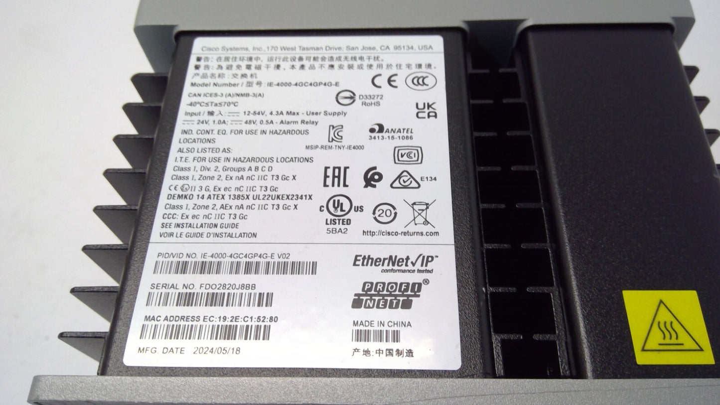 CISCO 4000 SERIES IE-4000 IE-4000-4GC4GP4G-E 4GC4GP INDUSTRIAL ETHERNET SWITCH