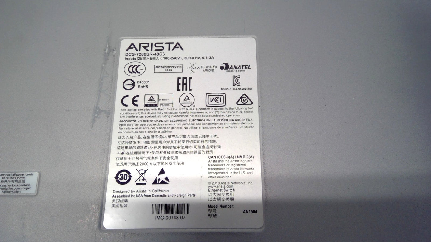 Arista 7280R series DCS-7280SR-48C6-F Switch 48x10GbE SFP+ 6x100GbE QSFP ports