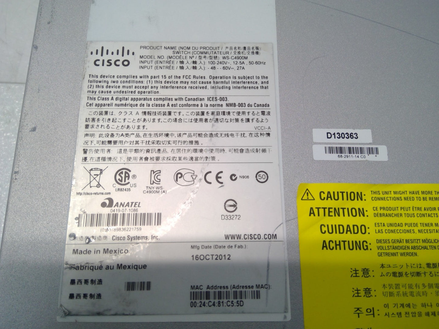 Cisco WS-C4900M V12 W/ 2xPWR-C49M-1000AC 12XCVR-X2-SFP10G Ethernet Switch