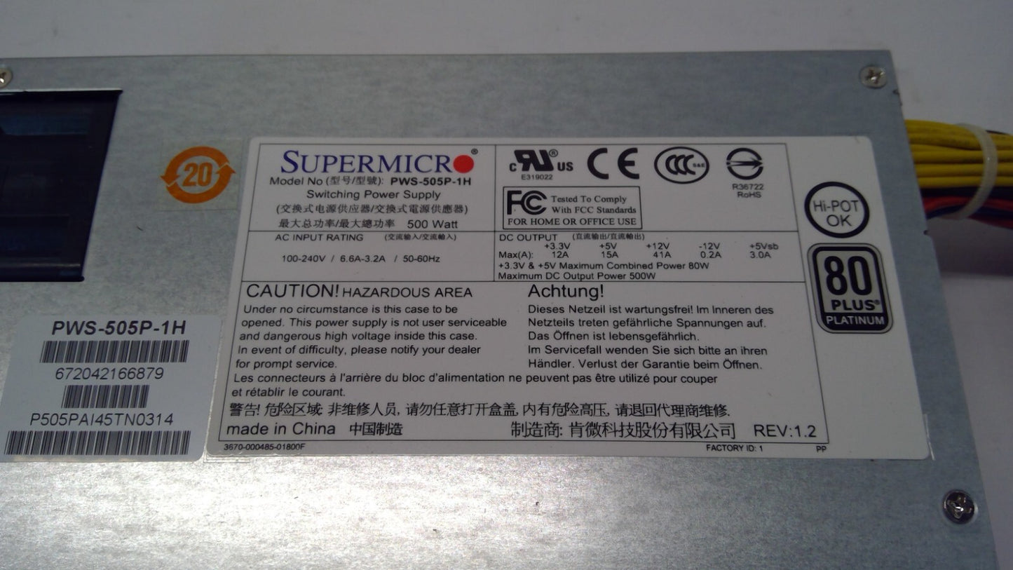 Supermicro PWS-505P-1H 1U 500W Multi-output, Platinum Level W/ PMbus 24pin