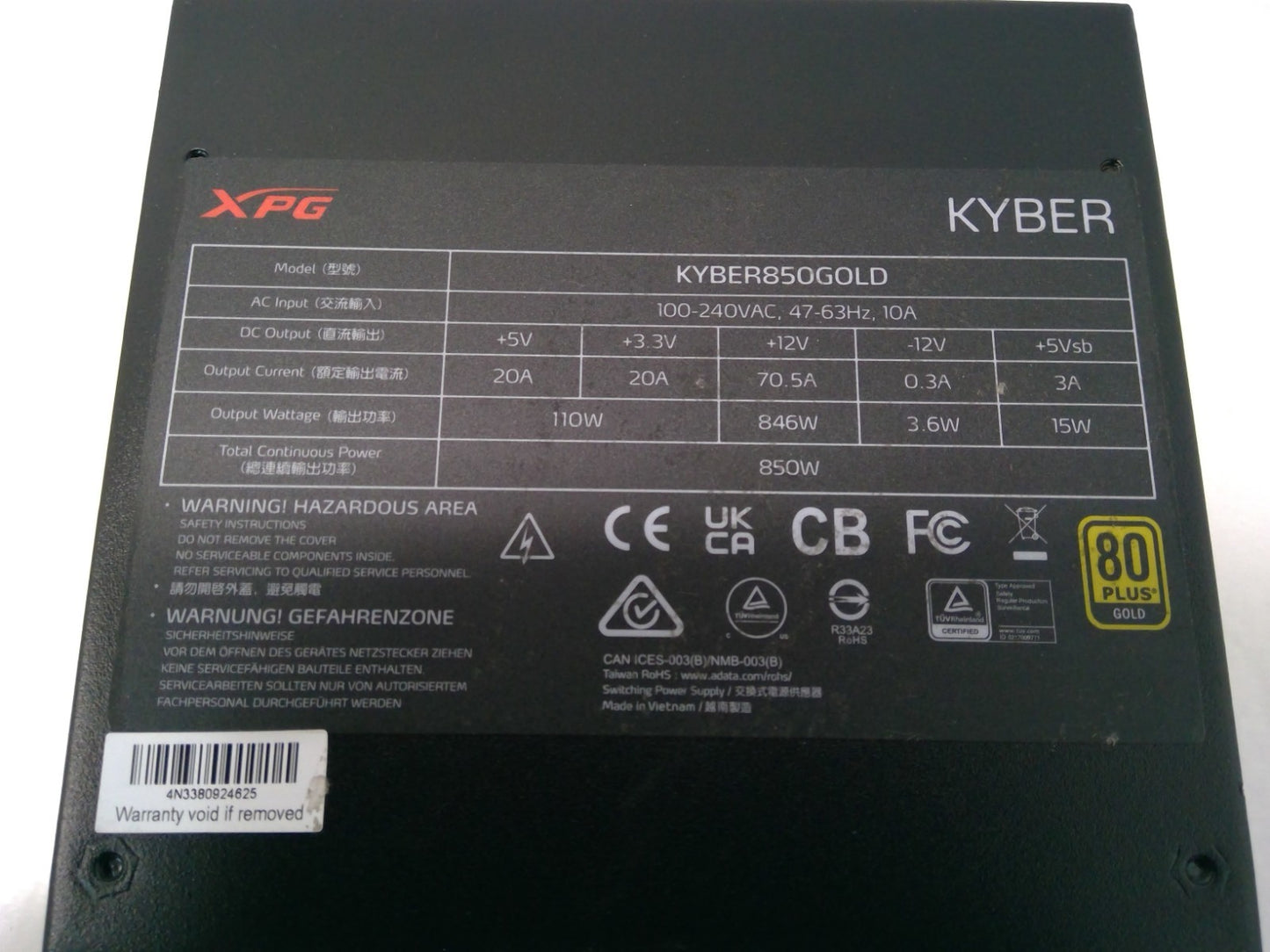 XPG KYBER 850W 80 Plus Gold Gamer Power Supply KYBER850GOLD