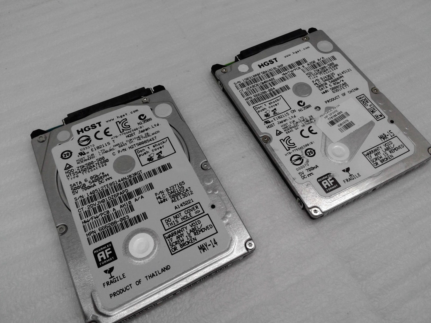Lot of 2 HGST 500GB ATA 6.0Gb/s 2.5" Hdd Hard Drive HTS545050A7E680 Z5K500-500