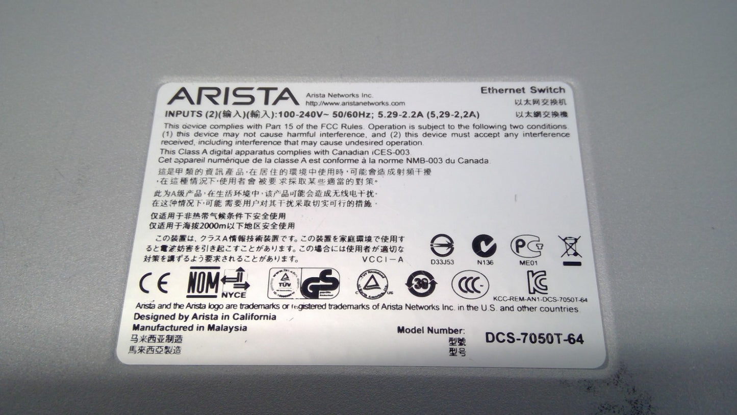Arista DCS-7050TX-64-R 48xRJ45 1/10GBASE-T 4xQSFP+ Ethernet Switch