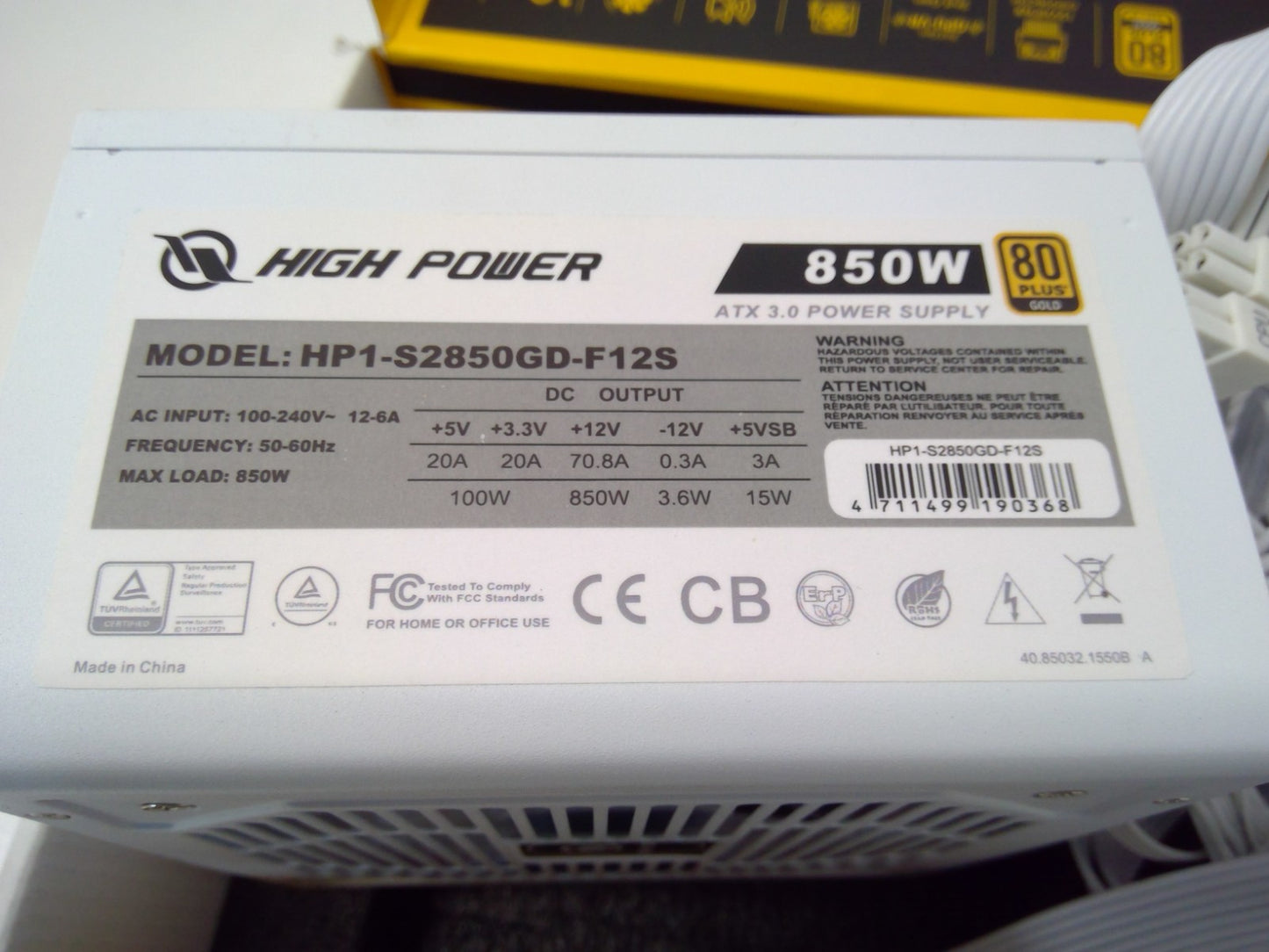 NEW High Power 850W 80PLUS Gold Power Supply ATX 3.0 HP1-S2850GD-F12S White