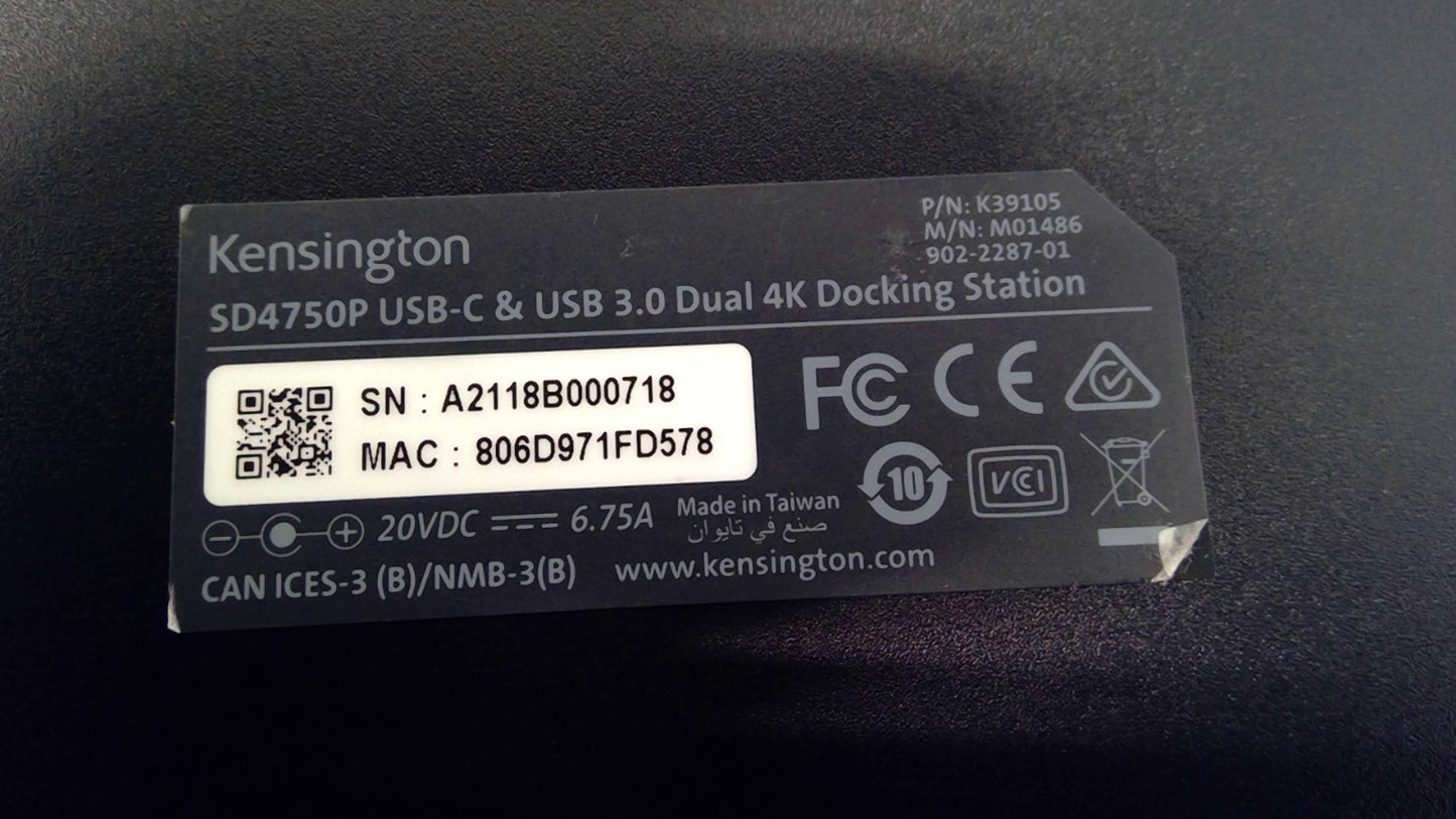 Original Kensington SD4750P USB-C 3.0 Dual 4K Hybrid Docking Station *DOCK ONLY
