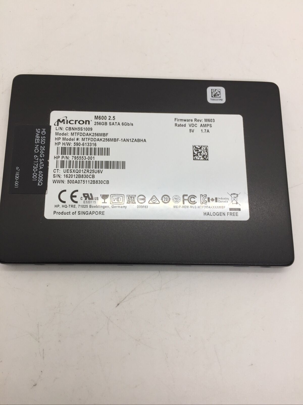 Micron 256GB M600 SSD MTFDDAK256MBF-1AN1ZABHA 2.5 SATA III