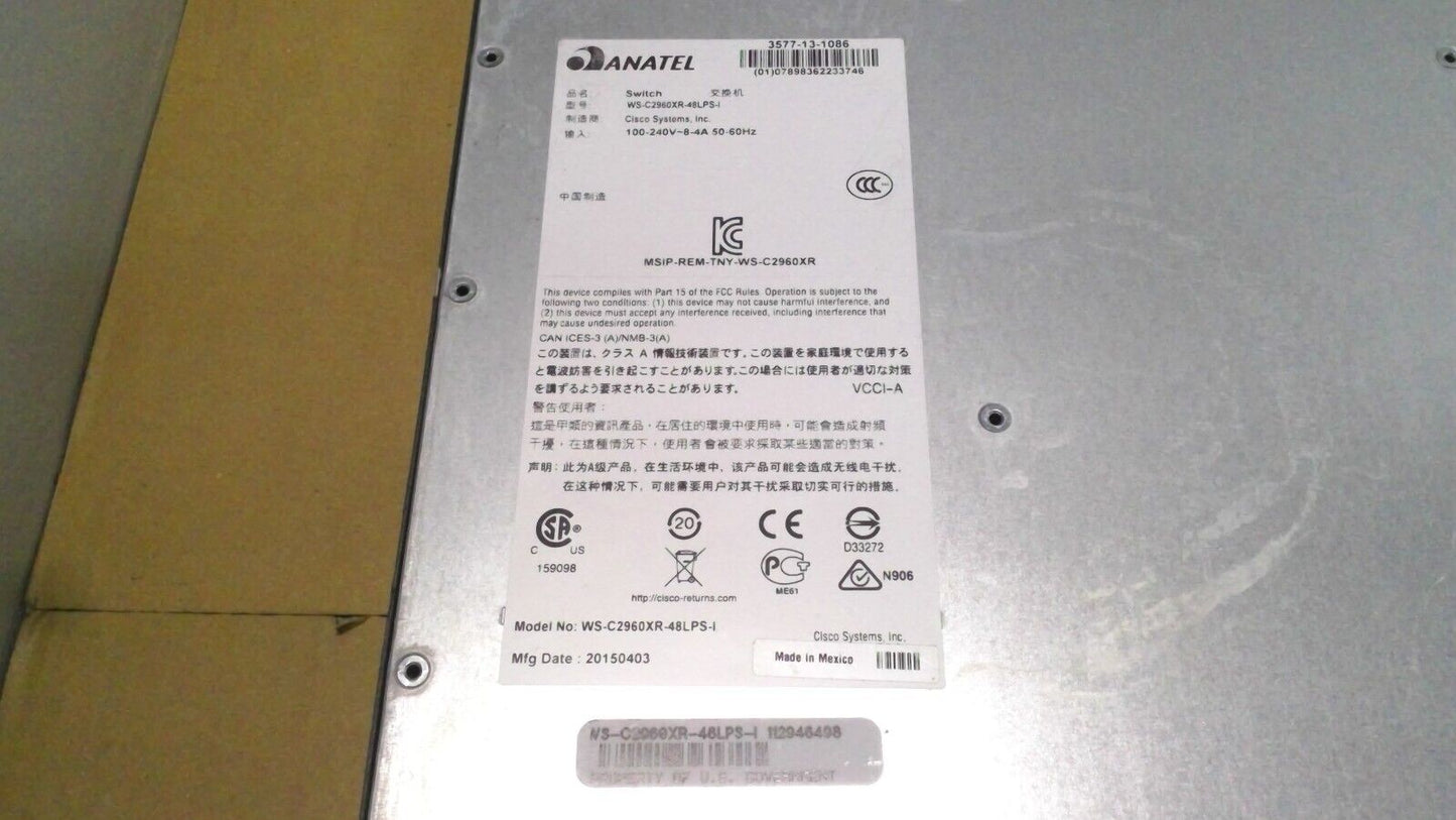 Cisco WS-C2960XR-48LPS-I 48-Port GigE 4x1G SFP PoE+ Switch
