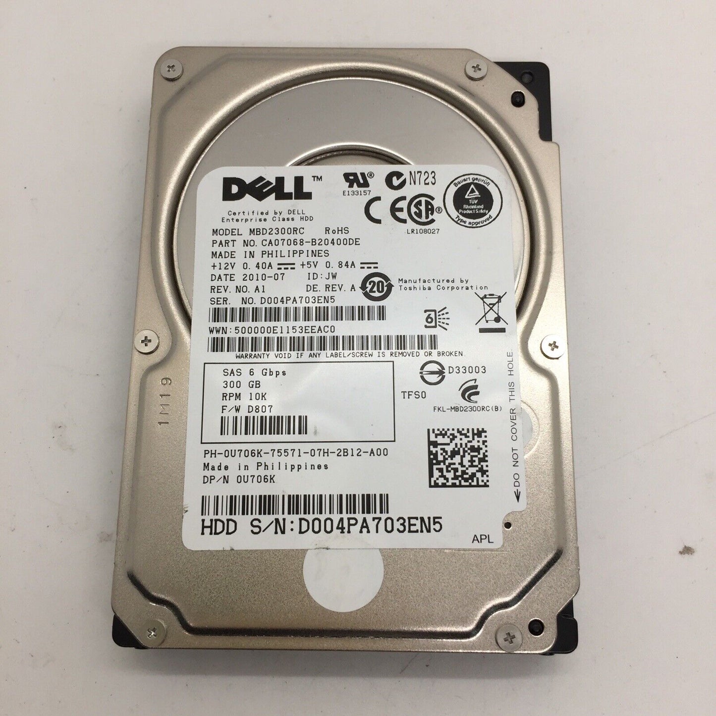 U706K 0U706K Dell 300GB 10K 6G SFF SAS HDD MBD2300RC