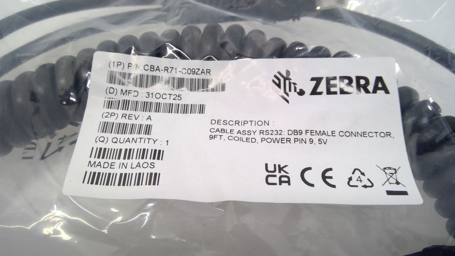 NEW Zebra CBA-R71-C09ZAR Coiled Cable 9 ft Serial Data Transfer Cable -Female
