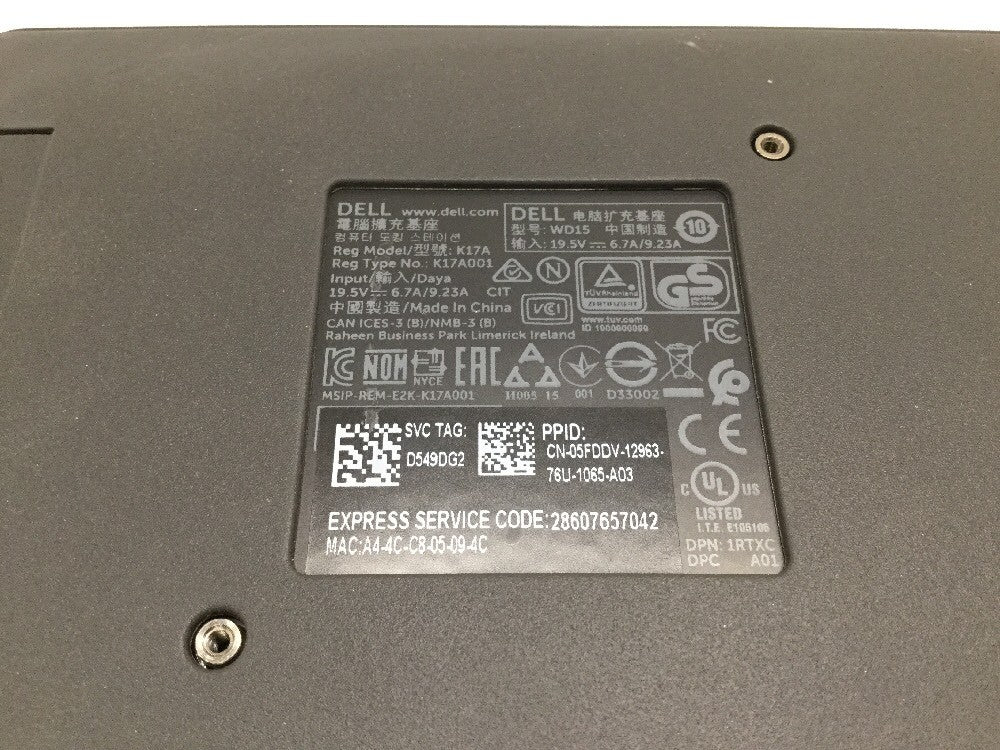 Dell Dock WD15 USB-C Type-C K17A 05FDDV with 130W Ac Adapter