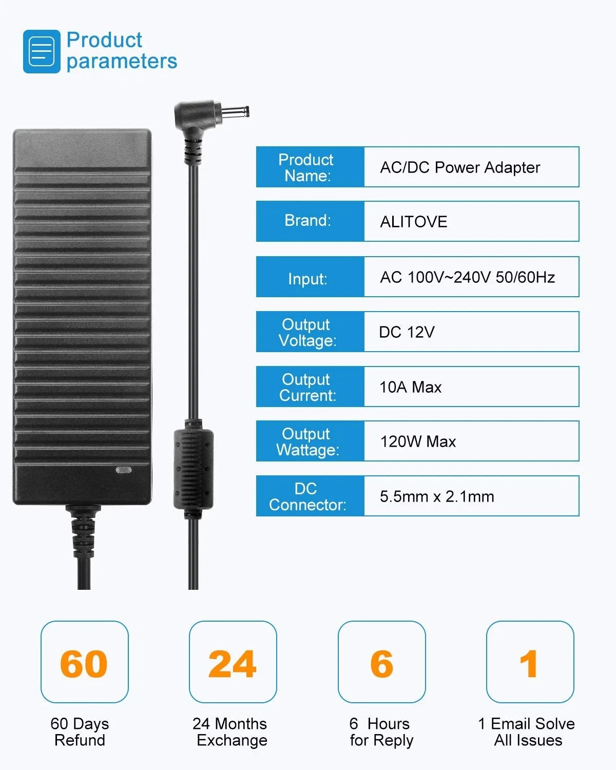 ALITOVE 12V Power Supply 10A 120W AC Adapter 100240V 5060HZ ALT-1210 5.5 X 2.1mm
