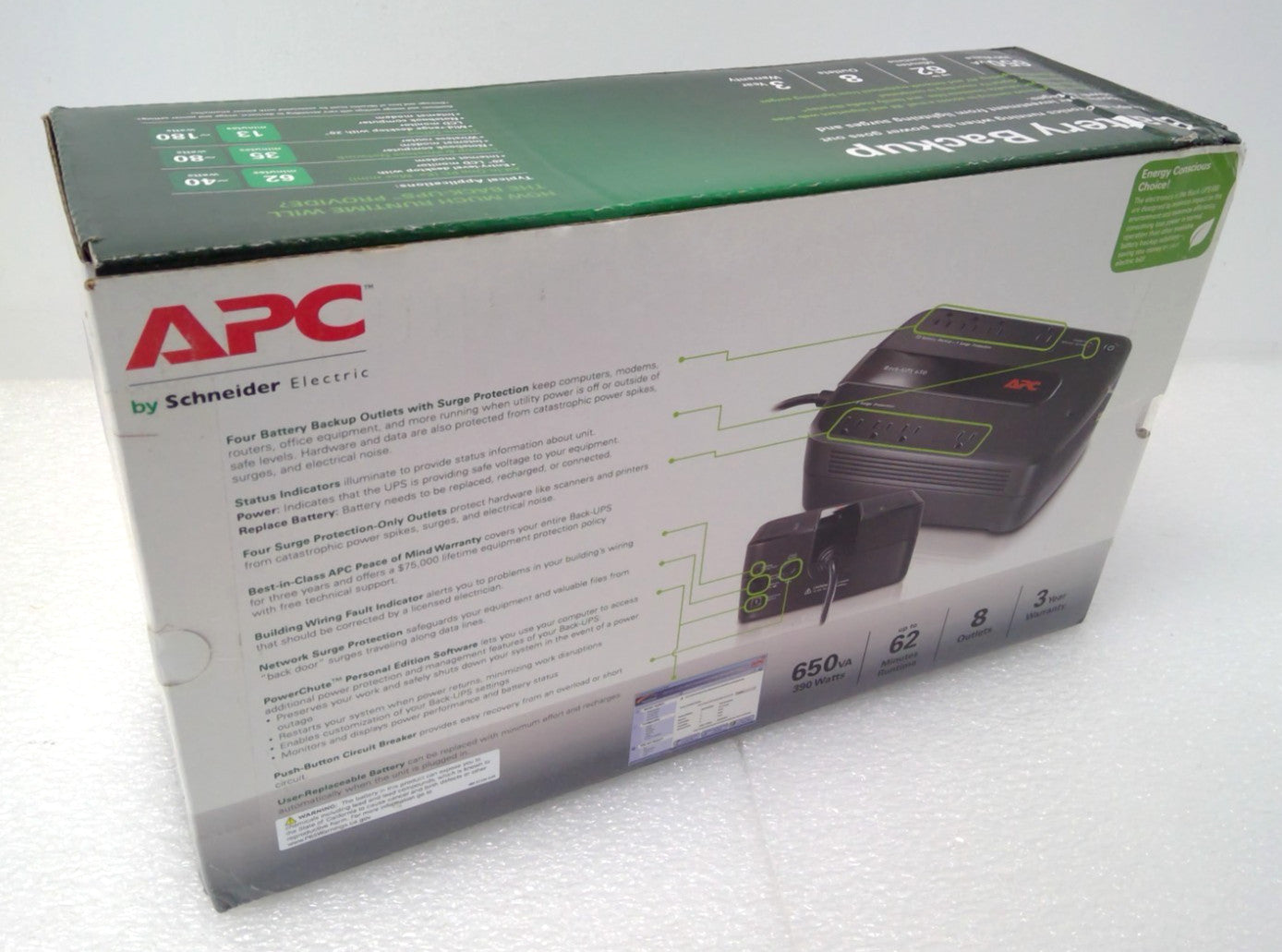 APC Back-UPS 650VA BE650G1 650VA 390W Battery Backup &Surge Protector 8 Outlets