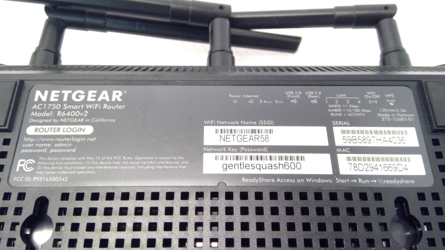NETGEAR AC1750 Smart WiFi Router Black Model R6400v2 With AC