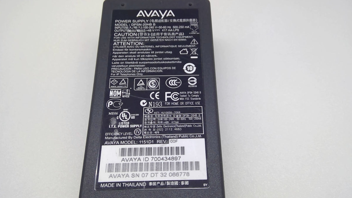 Genuine Avaya 1151D1 DPSN-20HB B 48V IP Phone Power Supply w/ AC Cord