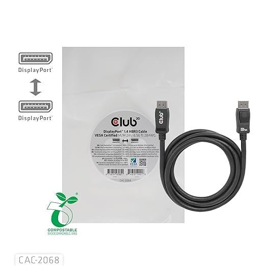 Club 3D CAC-2068 M/M 2M 6.56ft 28AWG DisplayPort 1.4 HBR3 Cable 32.4Gbps 8K 60Hz