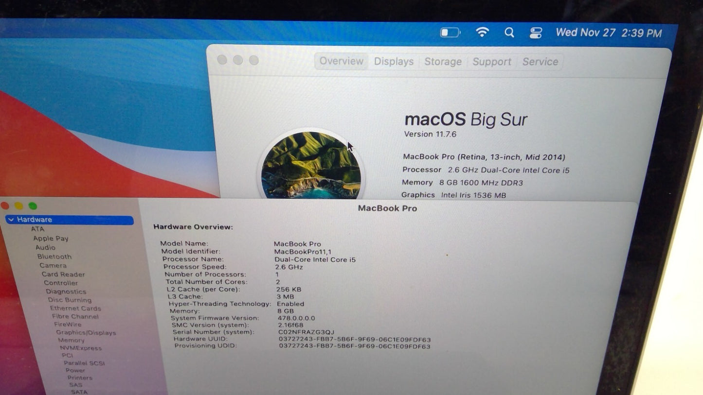 Apple Macbook Pro 13.3" A1502 2014 Mid, i5@2.6GHz/8GB RAM/256GB SSD B0