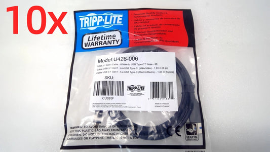 Lot of 10 Tripp Lite USB-C to USB-A Cable (M/M)USB 3.1 Gen 1, 5Gbps 6ft U428-006