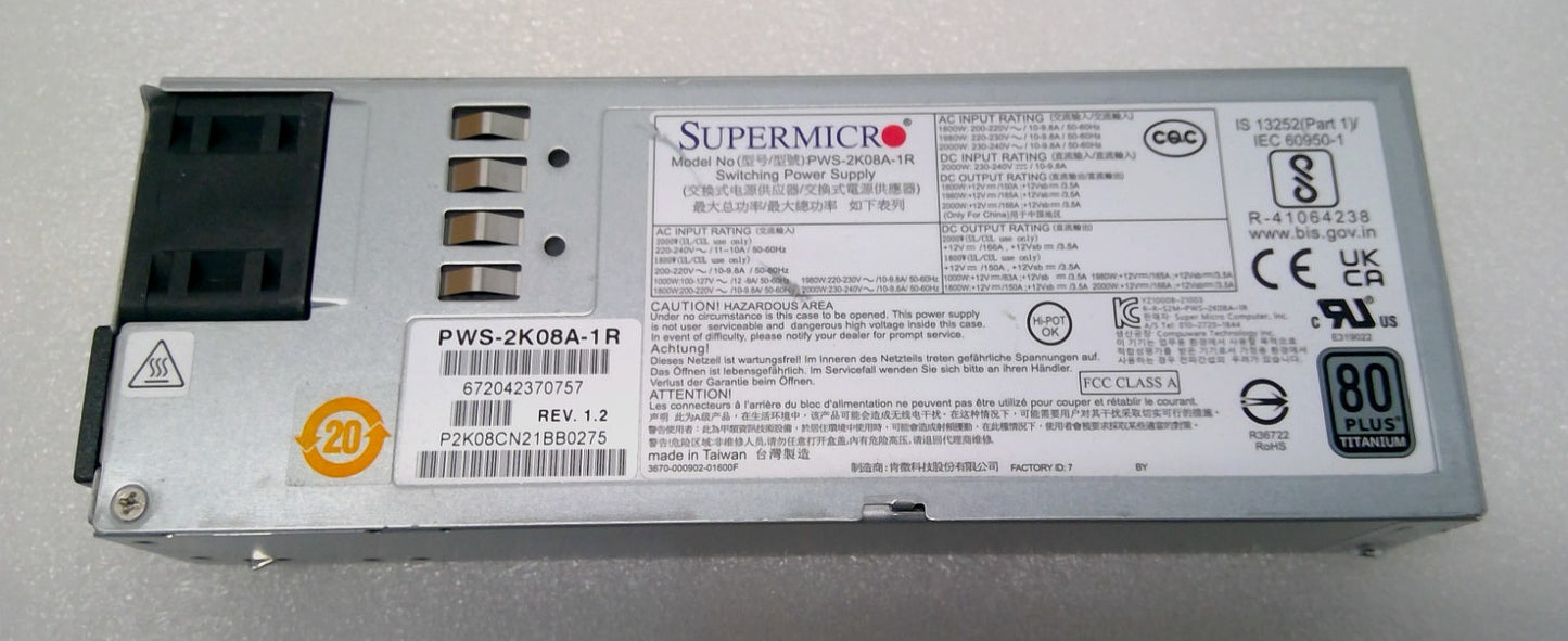 Supermicro 2000W 80+ 1U Titanium Redundant Power Supply PWS-2K08A-1R