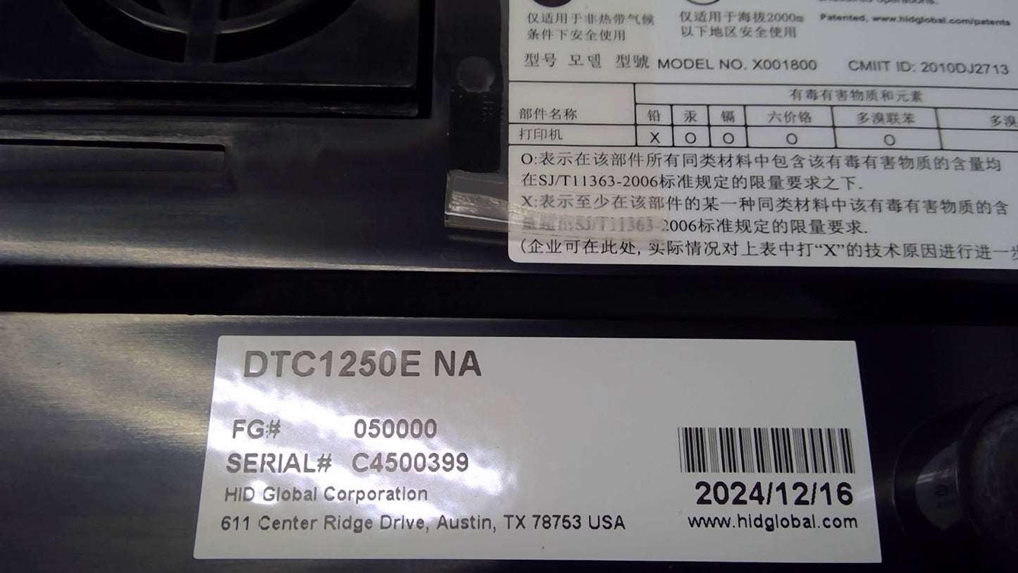 OPEN BOX  TESTED HID Fargo DTC1250e Single Sided Color ID Card Badge Printer USB